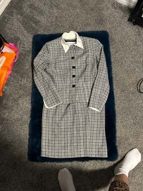 Vintage Christian Dior Black & White Plaid Skirt Suit with Contrast Collar